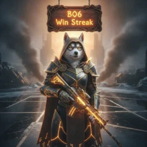 Fantasy artwork featuring an anthropomorphic Husky in ornate armor, representing a win streak boost in competitive game objectives within a fantasy setting.