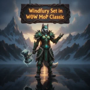 Fantasy artwork featuring an anthropomorphic Husky character, inspired by the Windfury Set Boost in WoW Mists of Pandaria Classic.
