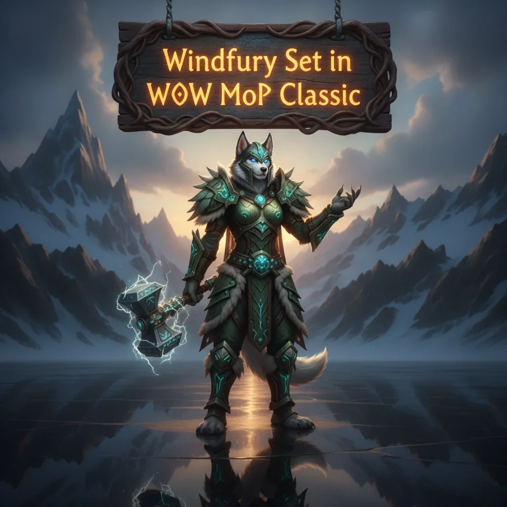 Fantasy artwork featuring an anthropomorphic Husky character, inspired by the Windfury Set Boost in WoW Mists of Pandaria Classic.