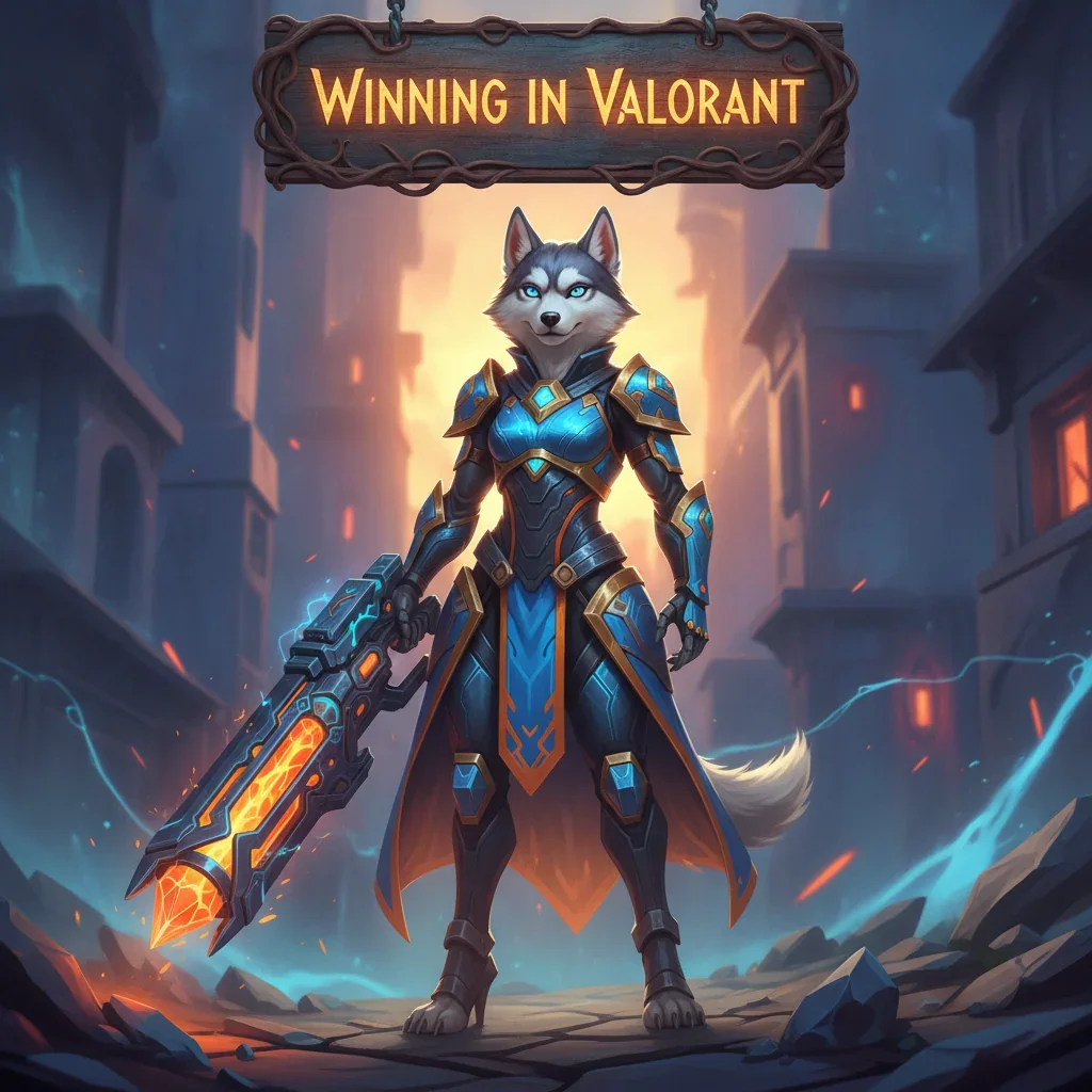 Fantasy artwork featuring an anthropomorphic husky character in detailed fantasy armor within a vibrant game-inspired realm, representing game victory achievements.