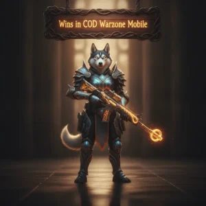 Fantasy artwork depicting an anthropomorphic Husky character in elaborate armor, set in a dramatic game-inspired environment, representing the theme of achieving wins and success in mobile gaming challenges.