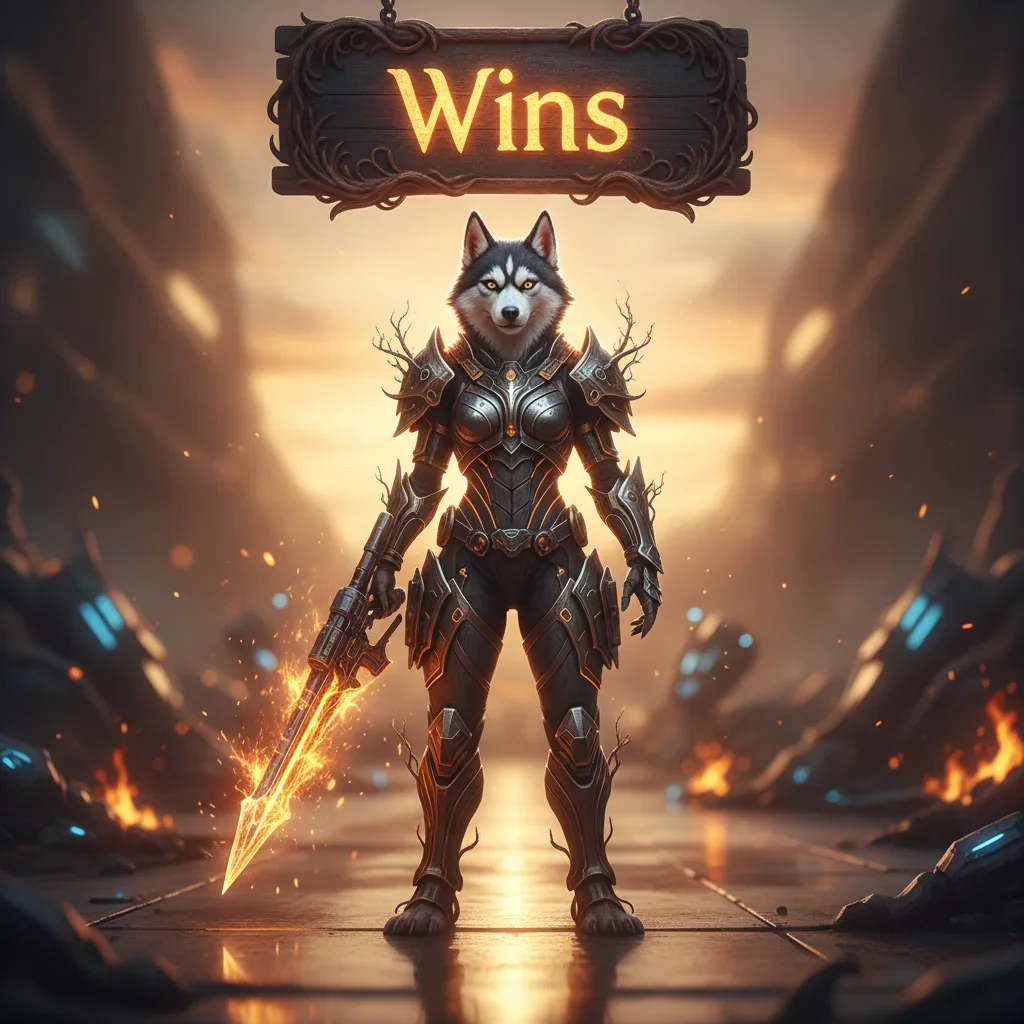 Anthropomorphic Husky character in ornate fantasy armor, set in a dynamic fantasy environment, reflecting competitive win objectives and match completion content.