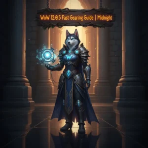 WoW 12.0.5 Fast Gearing Guide Midnight - Character with glowing gear standing in a mystical setting.