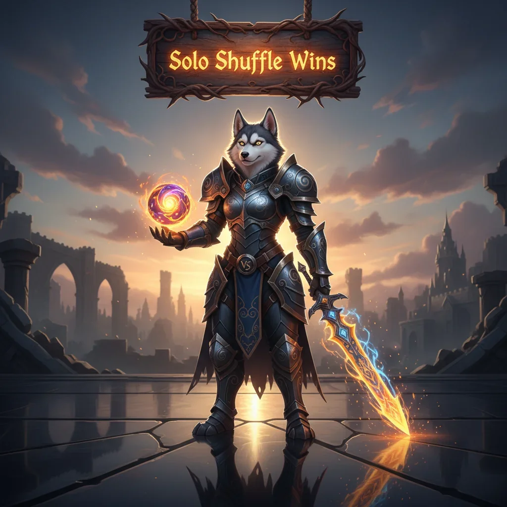 Fantasy artwork featuring an anthropomorphic Husky character, themed around Arena Solo Shuffle wins in a game setting.