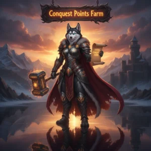 Anthropomorphic Husky in fantasy armor, inspired by World of Warcraft Conquest Point farming and PvP content.