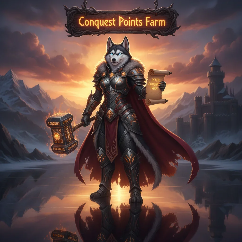 Anthropomorphic Husky in fantasy armor, inspired by World of Warcraft Conquest Point farming and PvP content.