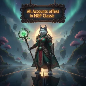 Fantasy game-inspired artwork featuring an anthropomorphic husky character in an oriental-themed setting, connected to Mists of Pandaria content.