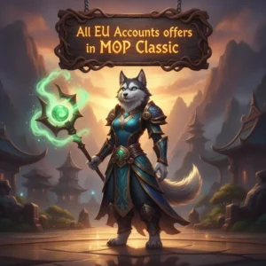 Fantasy artwork of an anthropomorphic husky character in an ancient Asian-inspired environment, representing WoW Mists of Pandaria Classic accounts.
