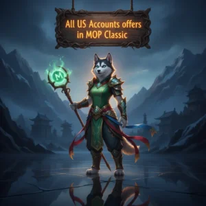 Fantasy artwork featuring an anthropomorphic Husky character, themed around WoW Mists of Pandaria Classic accounts and game content.
