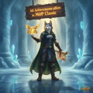 Fantasy artwork of an anthropomorphic husky in themed attire, inspired by World of Warcraft Mists of Pandaria achievements.
