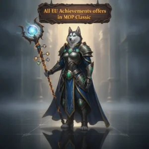 Fantasy artwork of an anthropomorphic husky character, wearing martial arts-inspired clothing, set in a lush Pandaria-themed environment, representing World of Warcraft achievements.