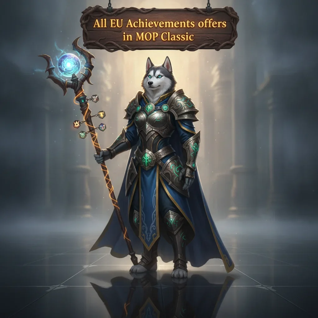 Fantasy artwork of an anthropomorphic husky character, wearing martial arts-inspired clothing, set in a lush Pandaria-themed environment, representing World of Warcraft achievements.