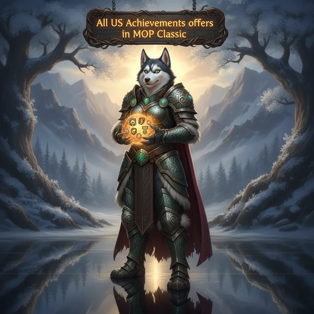 Fantasy game-inspired artwork featuring an anthropomorphic husky character in a themed outfit, representing Mists of Pandaria Classic achievements.