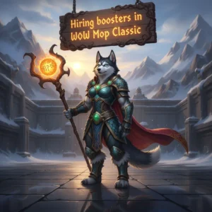 A fantasy game-inspired image featuring an anthropomorphic Husky character, themed around WoW Mists of Pandaria Classic challenges.