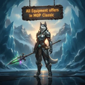 Fantasy game-inspired artwork featuring an anthropomorphic husky in themed armor, representing WoW Mists of Pandaria content.