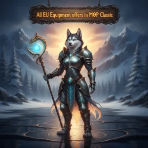 Fantasy game-inspired artwork featuring an anthropomorphic Husky character in Mists of Pandaria Classic themed armor.