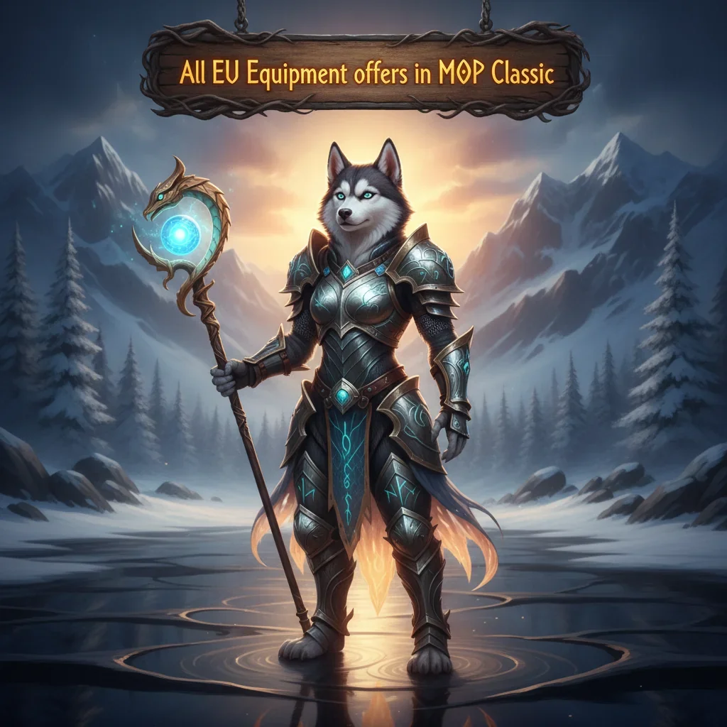 Fantasy game-inspired artwork featuring an anthropomorphic Husky character in Mists of Pandaria Classic themed armor.