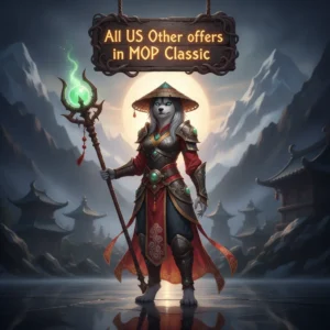 Fantasy artwork featuring an anthropomorphic Husky character, themed around World of Warcraft Mists of Pandaria Classic content.