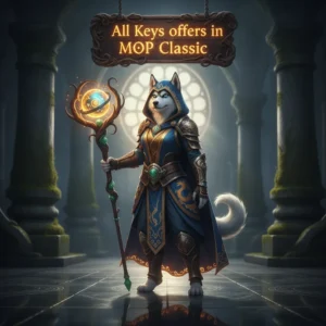 A fantasy game-inspired image featuring an anthropomorphic Husky character in a themed outfit, related to Mists of Pandaria Classic content.