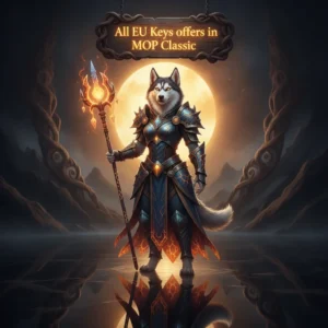 Fantasy game-inspired promotional artwork featuring an anthropomorphic husky character in an oriental setting, themed around Mists of Pandaria content.