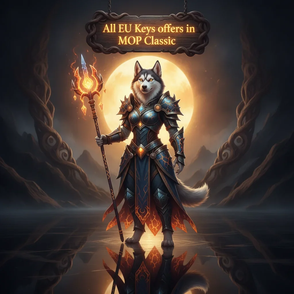 Fantasy game-inspired promotional artwork featuring an anthropomorphic husky character in an oriental setting, themed around Mists of Pandaria content.