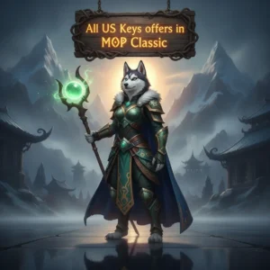 Fantasy artwork featuring an anthropomorphic Husky character, themed around WoW Mists of Pandaria Classic game content and objectives.