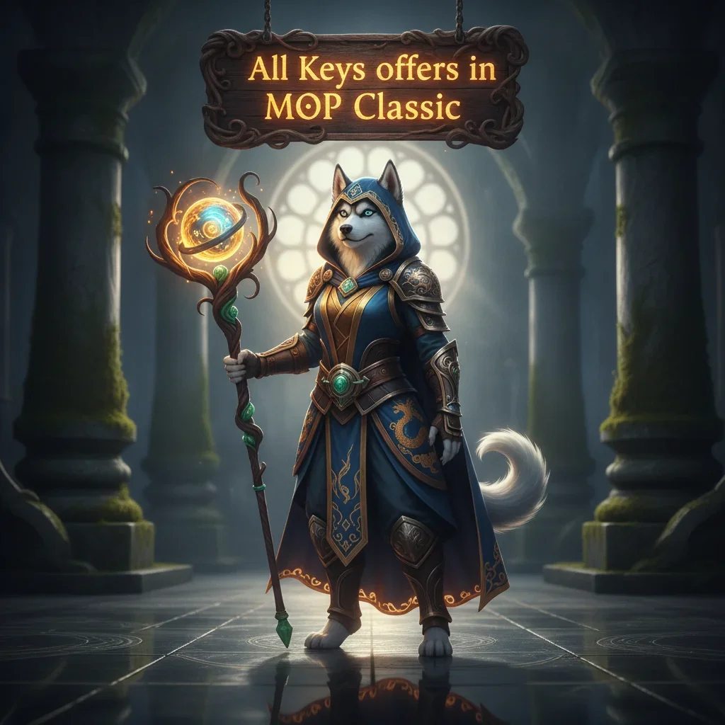 A fantasy game-inspired image featuring an anthropomorphic Husky character in a themed outfit, related to Mists of Pandaria Classic content.