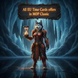 Fantasy game artwork featuring an anthropomorphic husky character in a themed outfit, related to Mists of Pandaria Classic time cards.