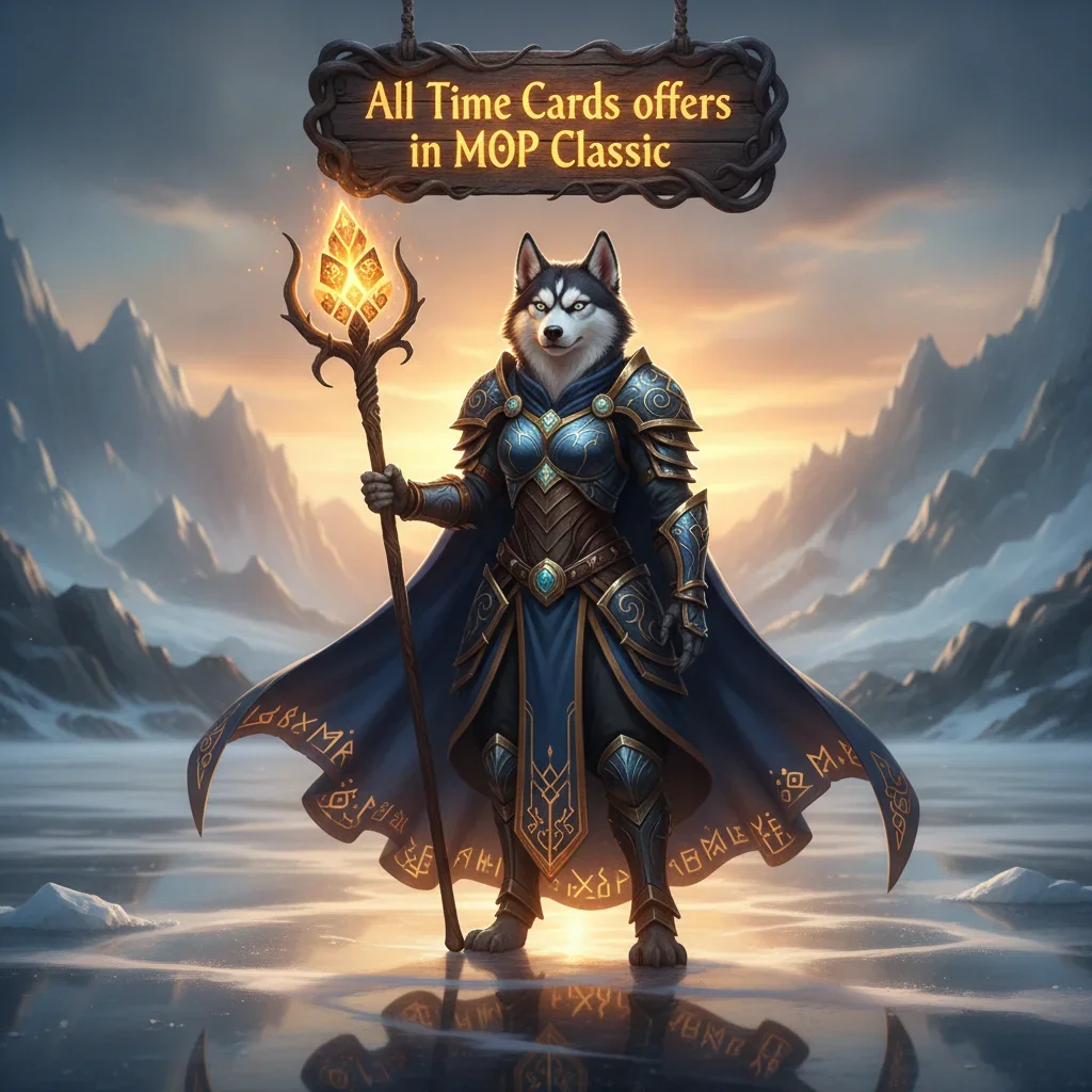 Fantasy artwork of an anthropomorphic Husky character in robes, themed around WoW Mists of Pandaria Classic content.
