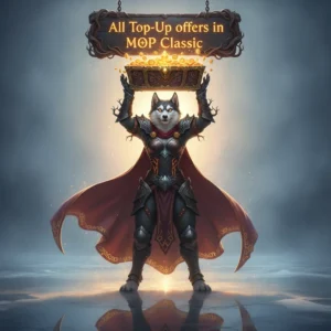 Fantasy artwork featuring an anthropomorphic husky character in a green robe, meditating on a floating island amidst a Mists of Pandaria-inspired landscape.