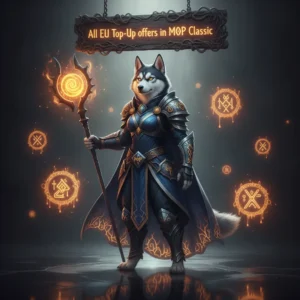 Fantasy artwork of an anthropomorphic husky character in a themed outfit, set in a Mists of Pandaria Classic environment, representing game content.