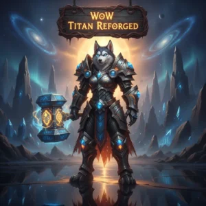 Fantasy artwork of an anthropomorphic husky character in armor, themed around World of Warcraft's Titan Reforged content.