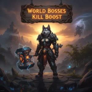 Anthropomorphic Husky in fantasy armor within a vibrant, game-inspired environment, artwork associated with WoW MoP Classic World Boss content.