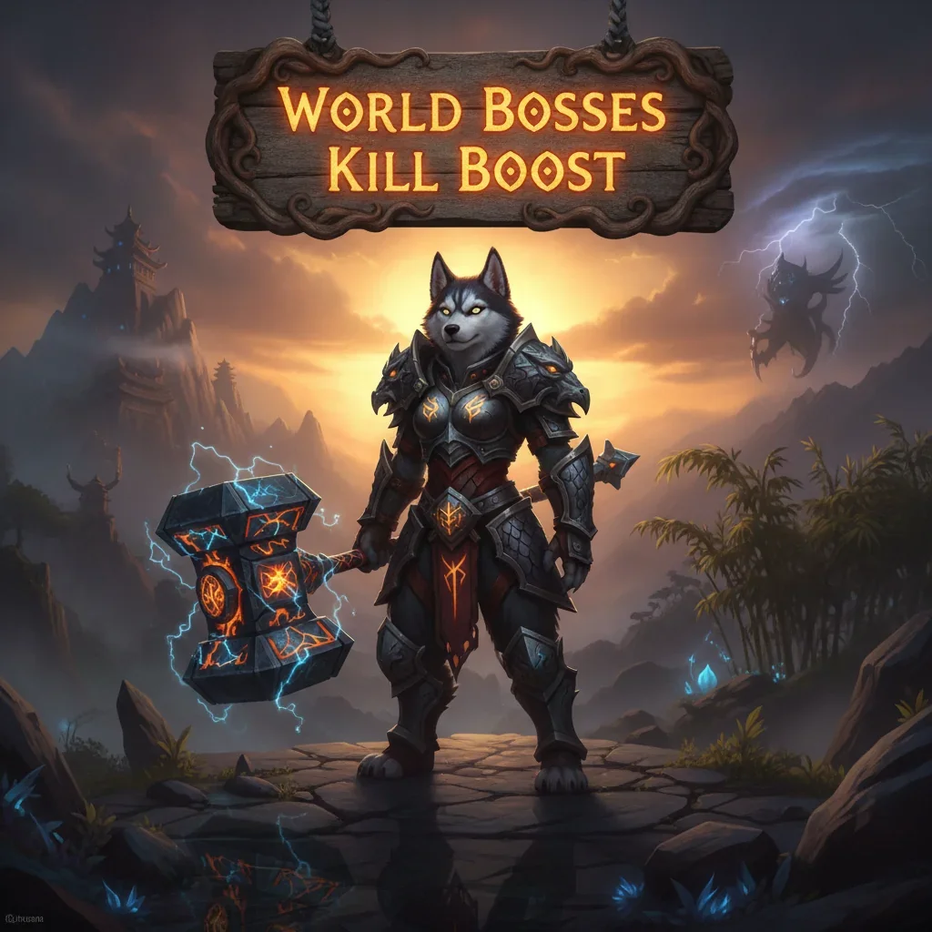 Anthropomorphic Husky in fantasy armor within a vibrant, game-inspired environment, artwork associated with WoW MoP Classic World Boss content.