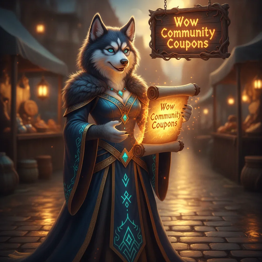 An anthropomorphic Husky character in fantasy attire, standing in a game-inspired environment, representing a Midnight Community Coupon Boost event.