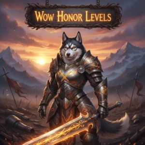 A fantasy game-inspired artwork featuring an anthropomorphic husky in ornate armor, representing Honor Levels content and progression systems within a mystical midnight environment.