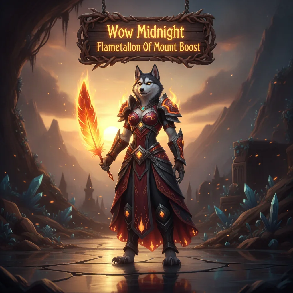 A fantasy artwork depicting an anthropomorphic Husky in heroic armor, themed around World of Warcraft's Midnight Flametalon of Alysrazor mount acquisition content and collection objectives.