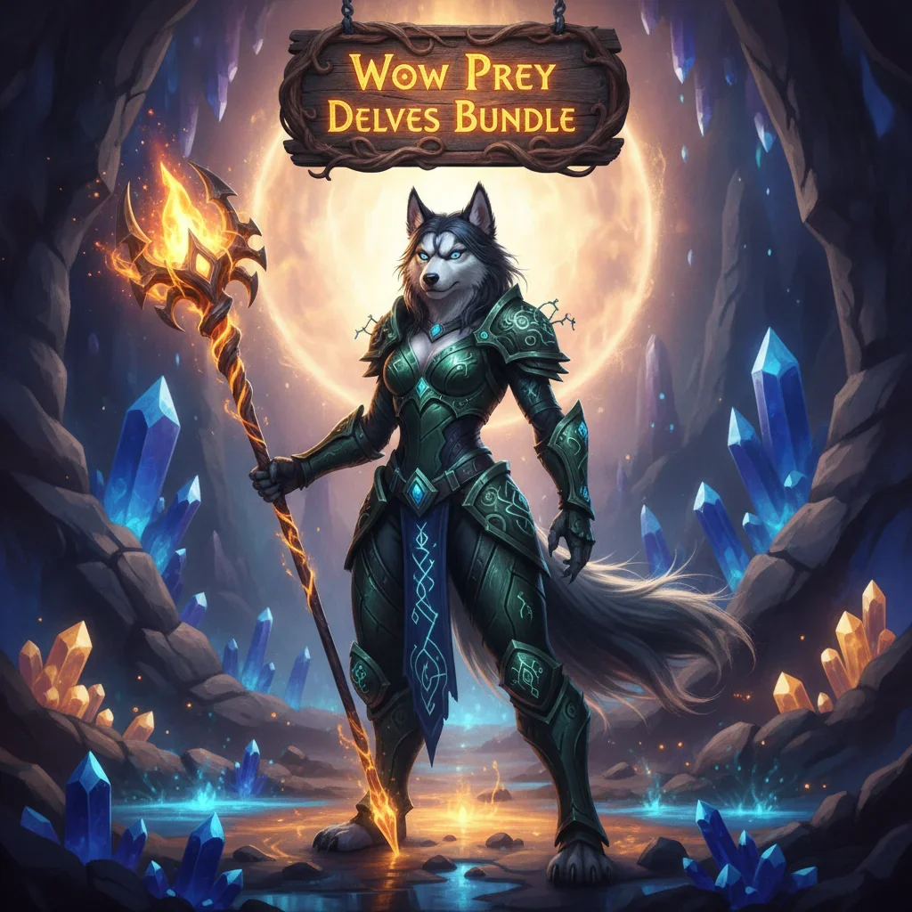 A majestic anthropomorphic husky character in intricate fantasy armor, set against a dark, magical environment, representing challenging delves content and objectives.