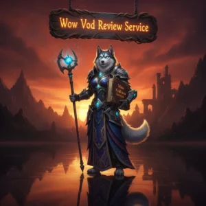 An anthropomorphic Husky character in fantasy attire, depicted in a game-inspired setting, representing a World of Warcraft VOD review service for optimizing gameplay strategy.