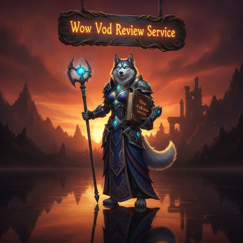 An anthropomorphic Husky character in fantasy attire, depicted in a game-inspired setting, representing a World of Warcraft VOD review service for optimizing gameplay strategy.
