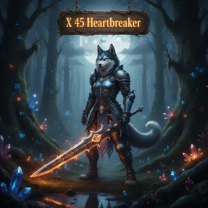 Anthropomorphic husky warrior in fantasy armor, set in a dark, atmospheric WoW Midnight-inspired environment, representing X 45 Heartbreaker challenge content.