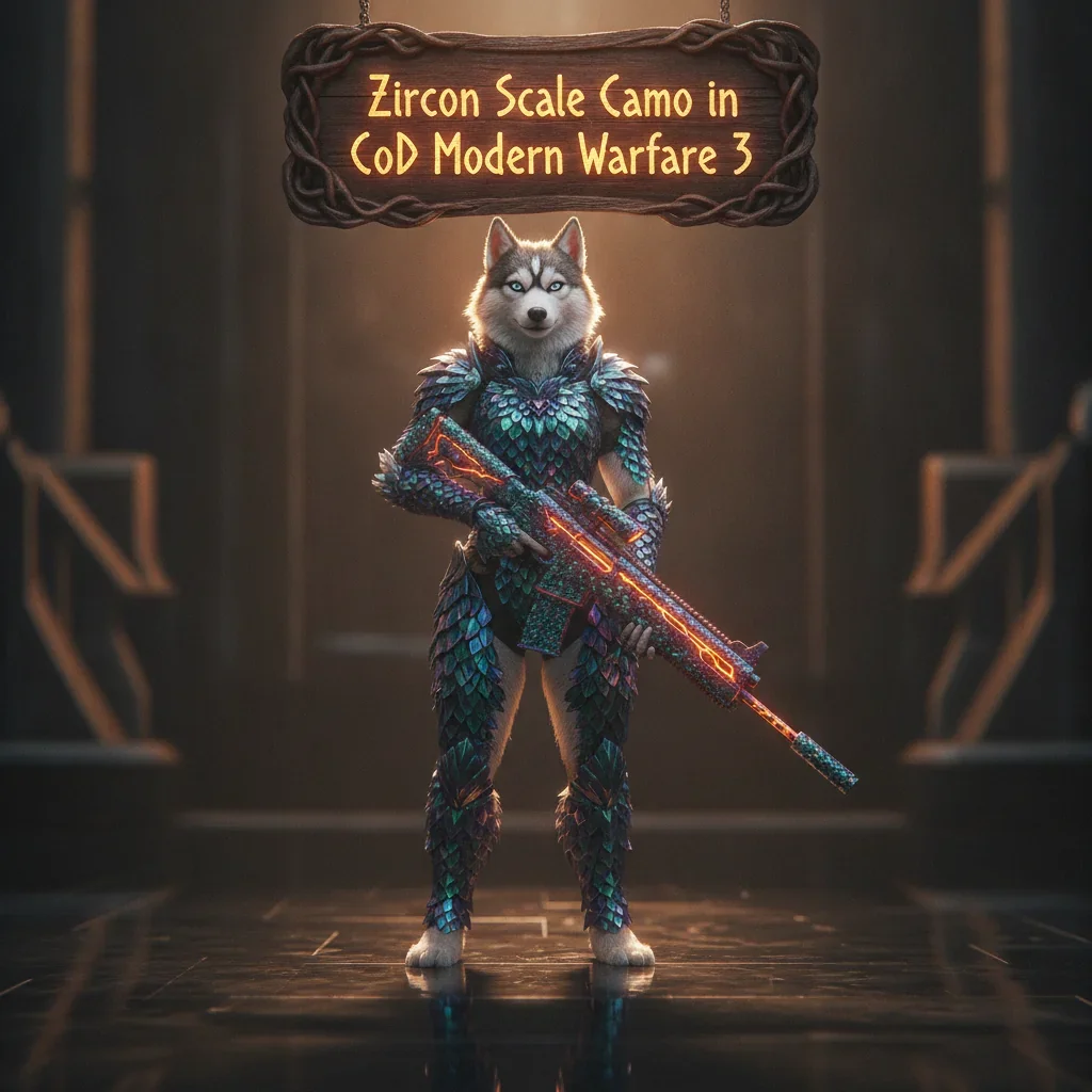 Fantasy artwork featuring an anthropomorphic husky warrior in intricate armor, representing the Zircon Scale Camo unlock content and weapon customization challenges.