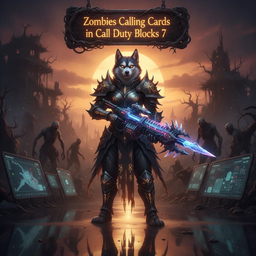 Fantasy artwork featuring an anthropomorphic husky, representing Call of Duty Black Ops 7 Zombies Calling Cards content and objectives.