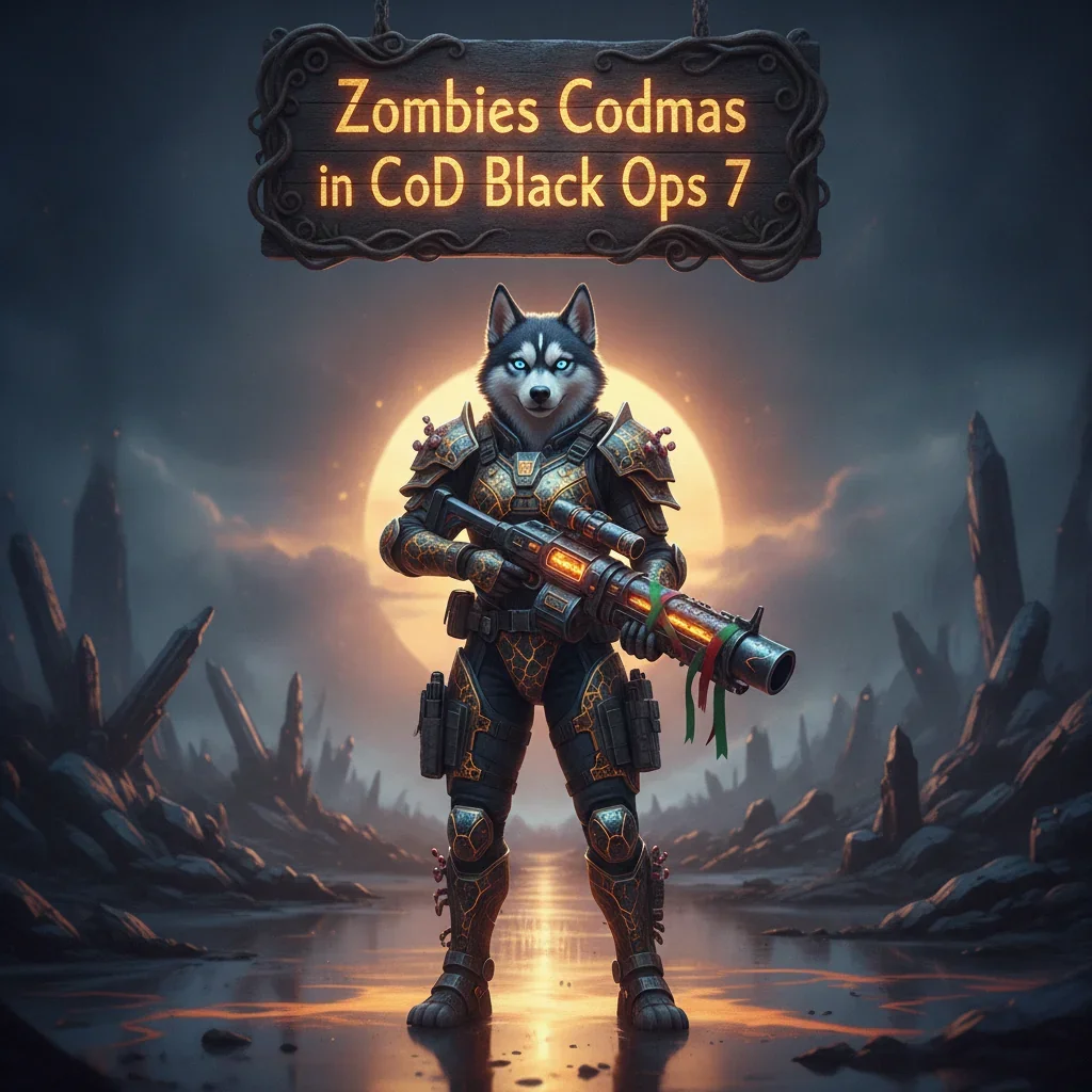 Artwork featuring an anthropomorphic Husky in themed fantasy attire, within a winter game environment, representing Call of Duty Black Ops 7 CoDmas Zombies event content and progression.