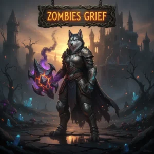 An anthropomorphic Husky character in fantasy armor, set within a dark, game-inspired realm. The artwork is themed around challenging undead grief mode content and related objectives.