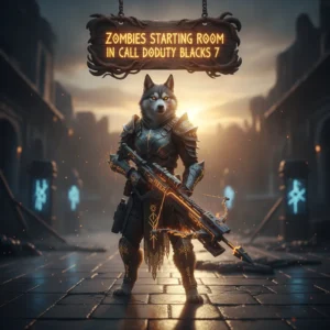 Anthropomorphic Husky in fantasy gear in a dark, game-inspired setting. Represents Call of Duty Zombies starting room boost content and initial phase objectives.