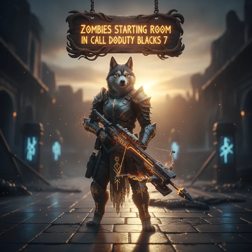 Anthropomorphic Husky in fantasy gear in a dark, game-inspired setting. Represents Call of Duty Zombies starting room boost content and initial phase objectives.