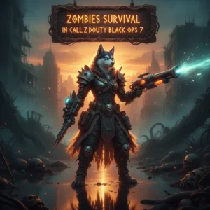 An anthropomorphic Husky character in tactical-fantasy armor, set in a dark, game-inspired environment, representing Call of Duty Black Ops 7 Zombies survival content.