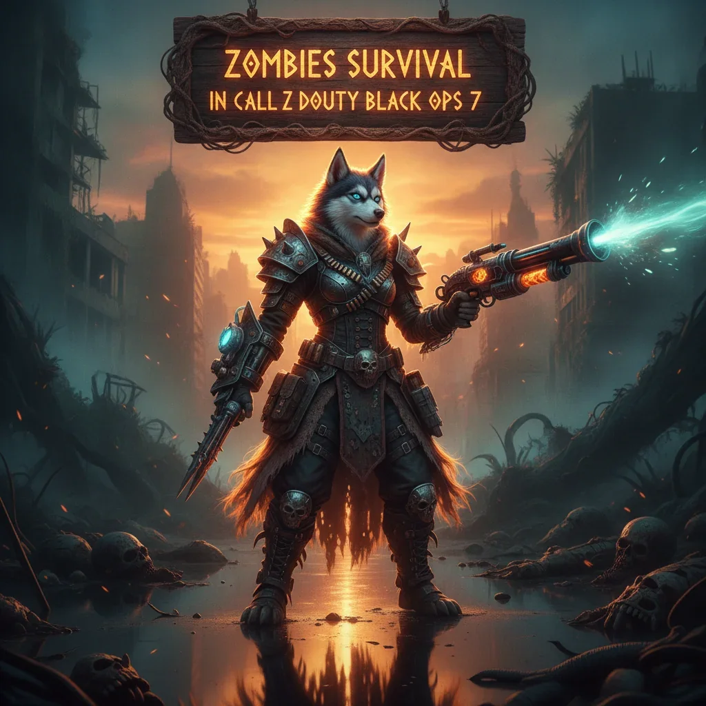 An anthropomorphic Husky character in tactical-fantasy armor, set in a dark, game-inspired environment, representing Call of Duty Black Ops 7 Zombies survival content.