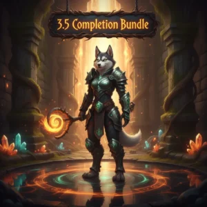 Anthropomorphic Husky character in fantasy armor, inspired by Genshin Impact 3.5 completion content and objectives in a mystical setting.